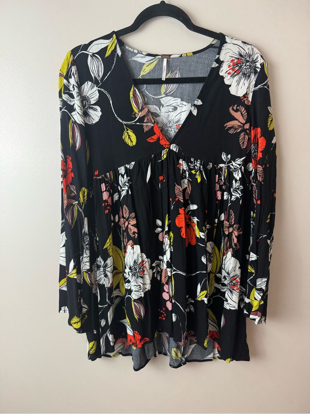 Free People Black Floral Bella Tunic Bell Sleeve Boho Small